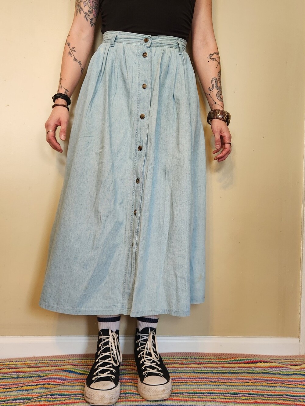 Vintage 1980s Levi’s Dockers 100% Cotton Chambray Midi Skirt - Picture 3 of 16